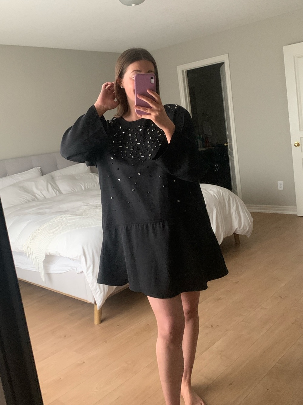 Black Embellished Long-Sleeve Mini Dress